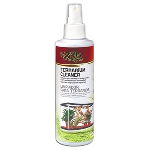 White spray bottle labeled Zilla Terrarium Cleaner with a terrarium illustration.