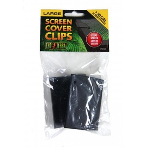 Large Exo Terra screen cover clips in a plastic bag; black clips to secure reptile terrarium screens.