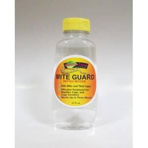 Clear plastic bottle with yellow cap labeled Nature Zone Mite Guard reptile pesticide.