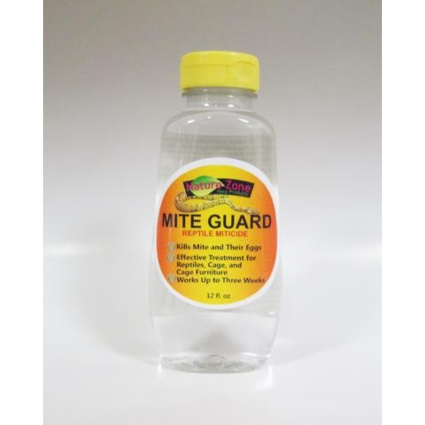 Clear plastic bottle with yellow cap labeled Nature Zone Mite Guard reptile pesticide.