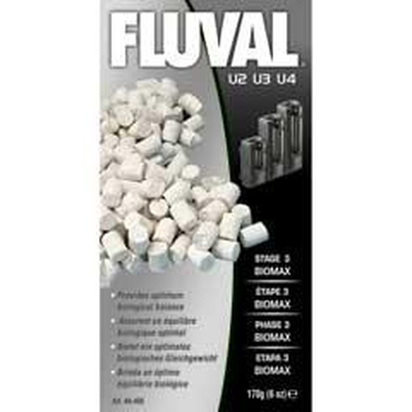 Fluval Biomax media packaging with white porous pellets beside a black label.