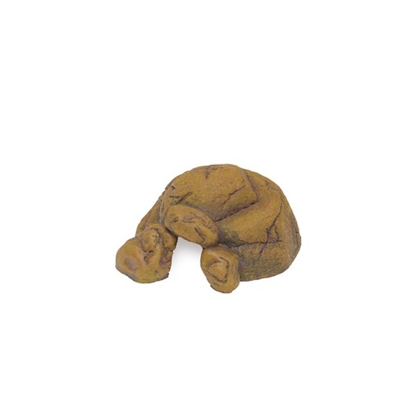 Brown clay sculpture of a curled, sleeping animal with tucked legs.