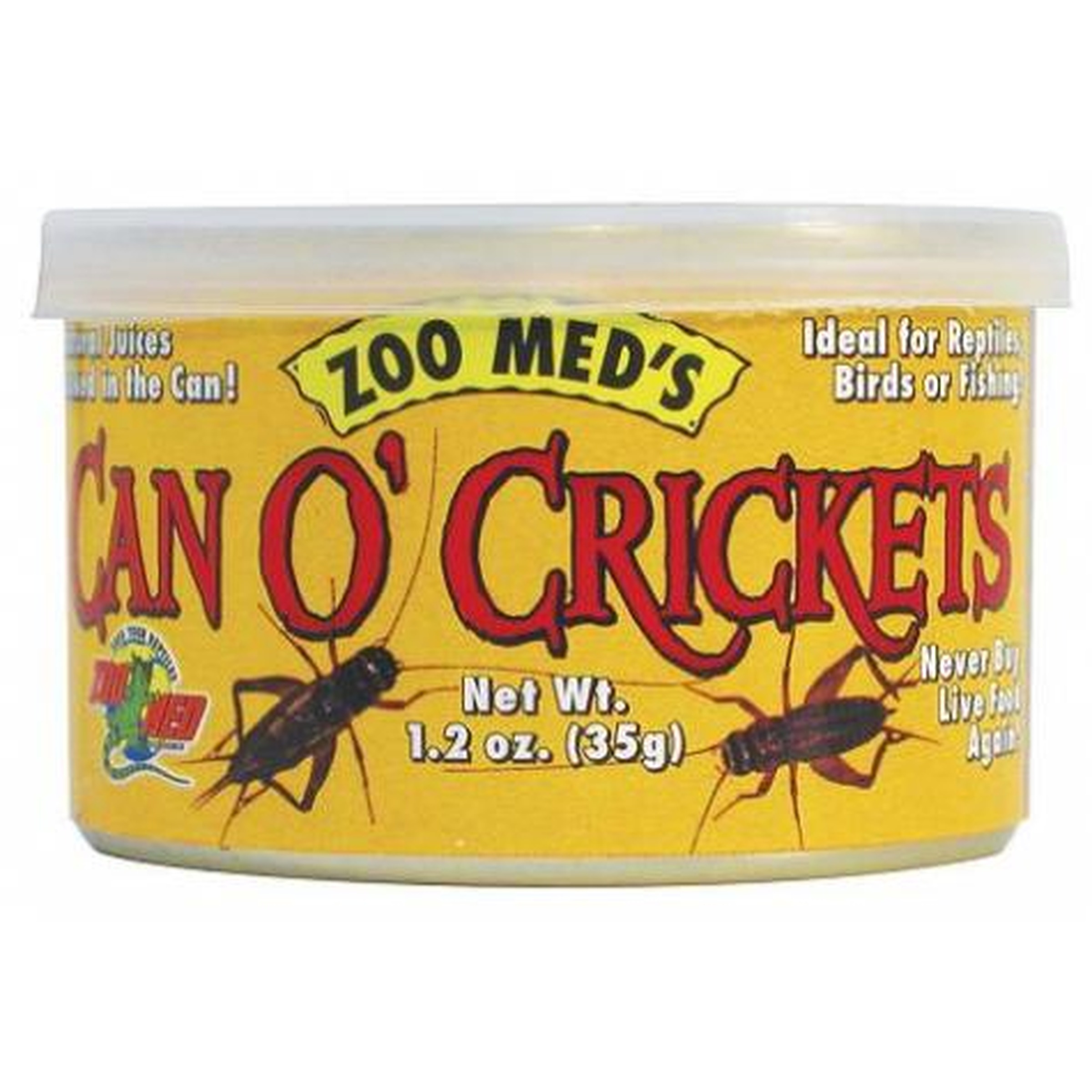 Yellow can labeled 'Can O' Crickets' with cartoon crickets, reptile food.