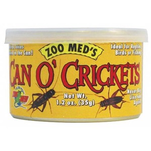 Yellow can labeled 'Can O' Crickets' with cartoon crickets, reptile food.