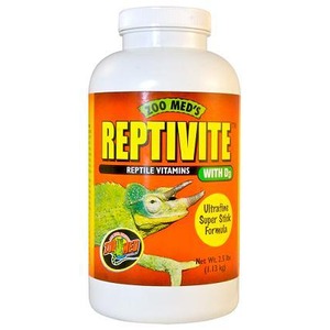 White bottle labeled Reptivite reptile vitamins with D3; orange label features a chameleon illustration.