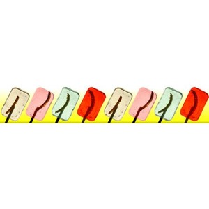 Assorted colorful popsicles on sticks lined up against a yellow background.