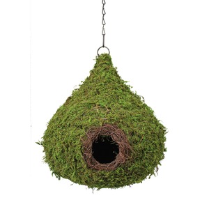 Moss-covered teardrop birdhouse with circular twig entrance, hanging by a chain.