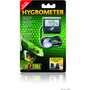 Exo Terra hygrometer packaging with remote sensor; display reads 49% humidity, green frog graphic.