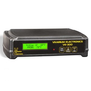 Vivarium Electronics VE-300 control unit with green backlit display showing probe temperature and menu buttons.