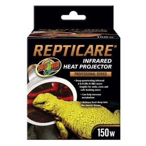 Repticare infrared heat projector 150W packaging with a yellow lizard and circular heat element.