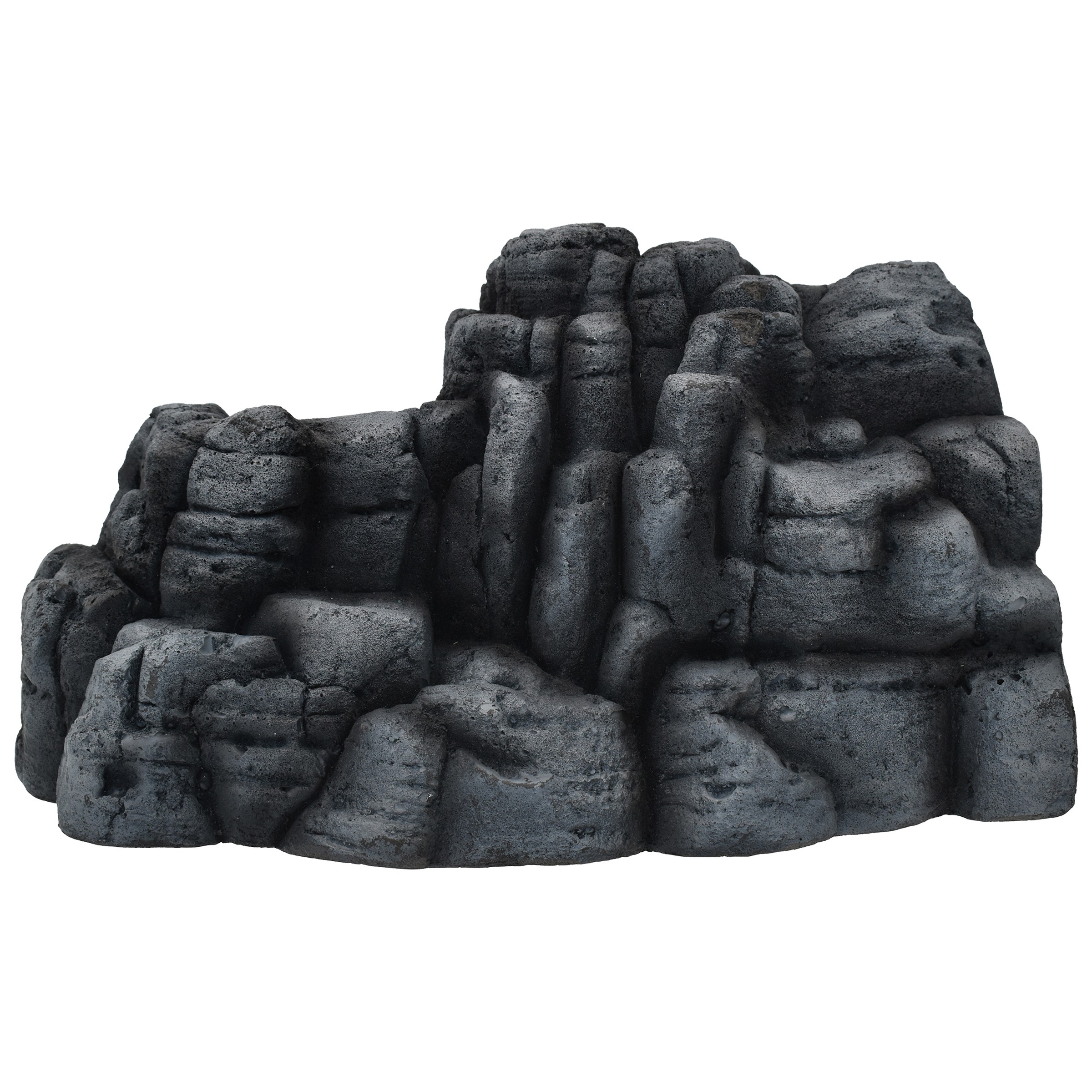 Dark gray volcanic rock formation with tall column-like blocks and rugged surfaces