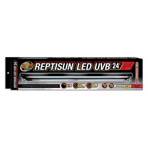 Zoo Med ReptiSun LED UVB 24" reptile hood packaging with a long LED strip and timer icons.