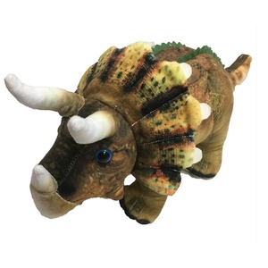 Brown plush triceratops toy with white horns, blue eye, and colorful frill.