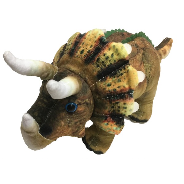 Brown plush triceratops toy with white horns, blue eye, and colorful frill.
