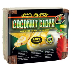 Eco Earth Coconut Chips packaging with a yellow snake and green frog, 3-brick value pack of coconut coir substrate