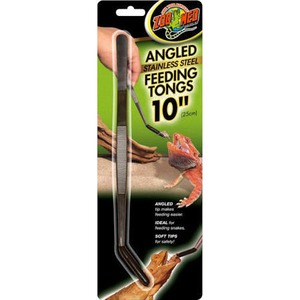 Angled stainless steel feeding tongs, 10 inches, on green packaging with reptile imagery.