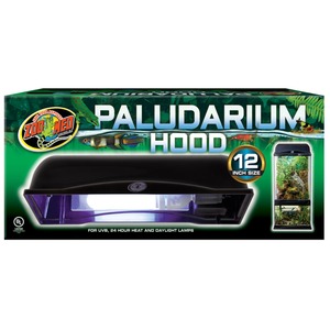Zoo Med Paludarium Hood packaging featuring a black 12-inch hood and a tall terrarium with plants.