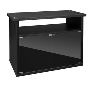 Dark wood TV stand with top surface, open middle shelf, and two glass-front cabinet doors.