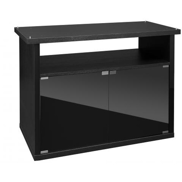 Dark wood TV stand with top surface, open middle shelf, and two glass-front cabinet doors.