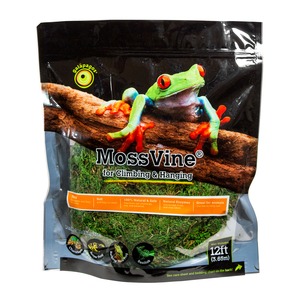MossVine moss for climbing and hanging, featuring a green red-eyed frog perched on a branch.