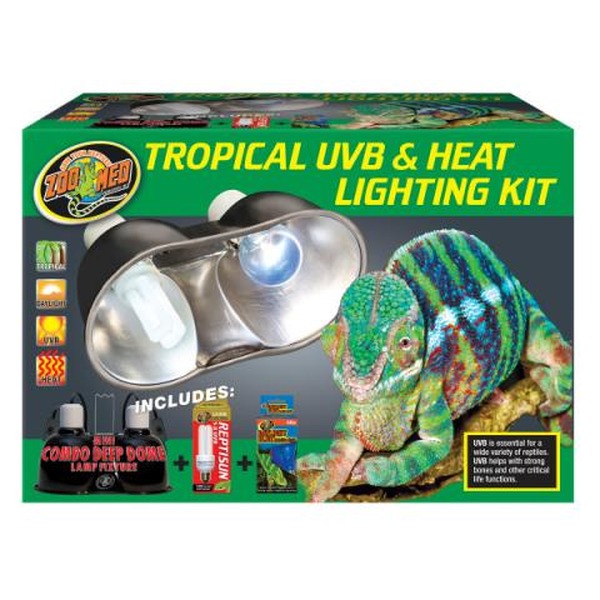 Green packaging for Tropical UVB & Heat Lighting Kit with a dual-bulb lamp and a chameleon.
