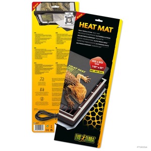 Heat mat packaging featuring a lizard on a black label with yellow accents and product specs.