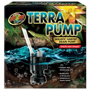 Terra Pump aquarium drain pump product box with a black submersible pump, water, and Zoo Med logo.