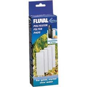 Fluval polyester filter pads in blue box with three white rectangular pads for aquarium use.