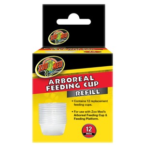 Zoo Med Arboreal Feeding Cup refill box showing 12 clear cups, yellow and red packaging with logo.