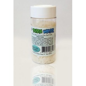 Small clear jar with white lid containing crystalline bath salts; label says Bubia Water.
