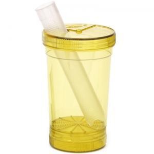 Yellow translucent medical waste container with a white angled insert inside.