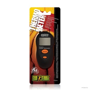 Black infrared thermometer with orange MEASURE button on Exo Terra packaging.
