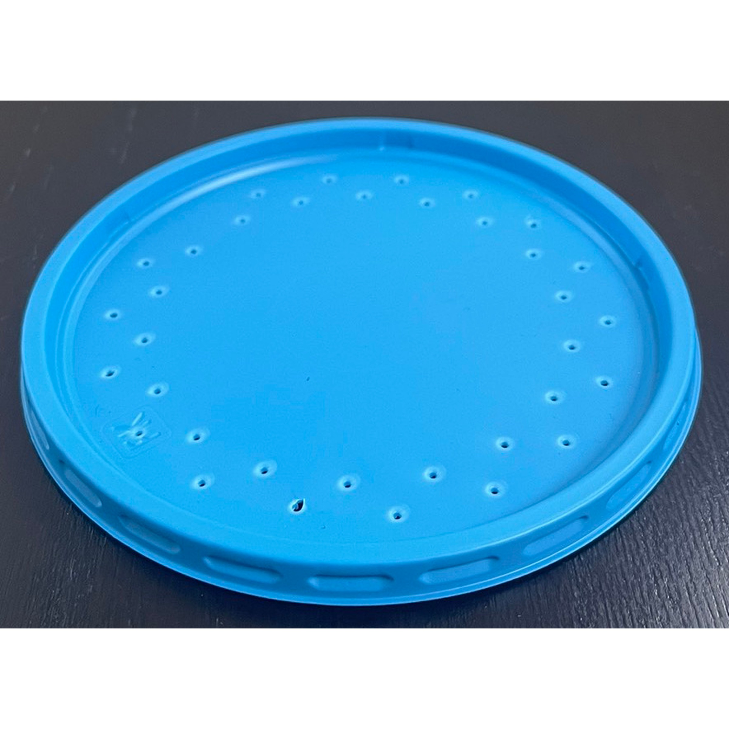 Blue circular lid with numerous small holes arranged around the edge, resting on a dark surface.