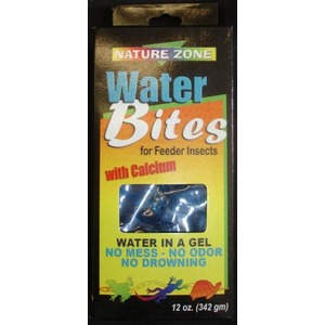 Nature Zone Water Bites gel water packaging for feeder insects, calcium-enriched, bright yellow box with viewing window