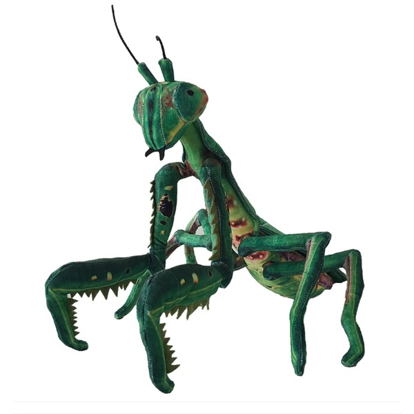 Green mantis-like toy with large serrated jaws and spiky legs, posed upright.