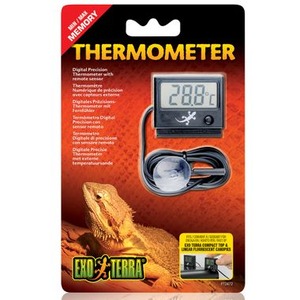Exo Terra Thermometer packaging with digital display, probe, and a lizard on an orange backdrop.
