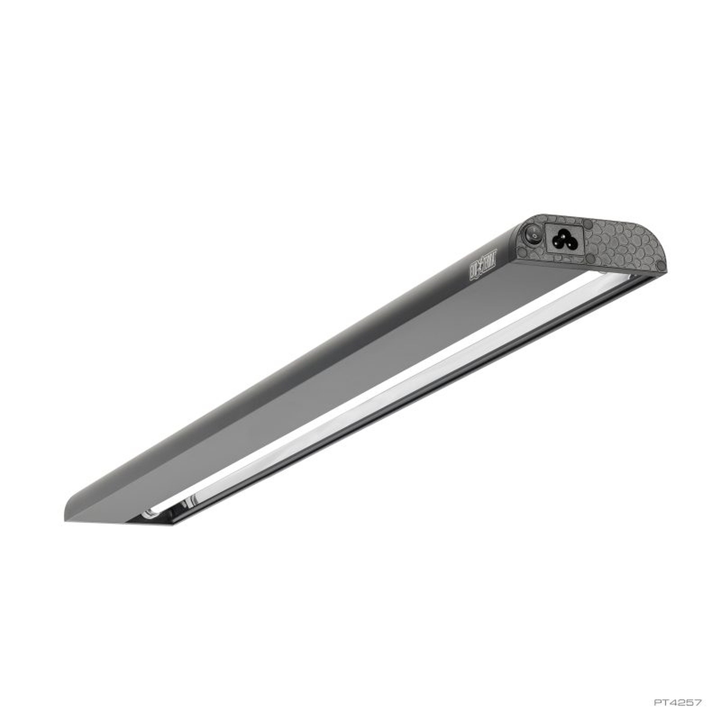 Slim gray LED light bar with a black textured end cap and a white light strip.