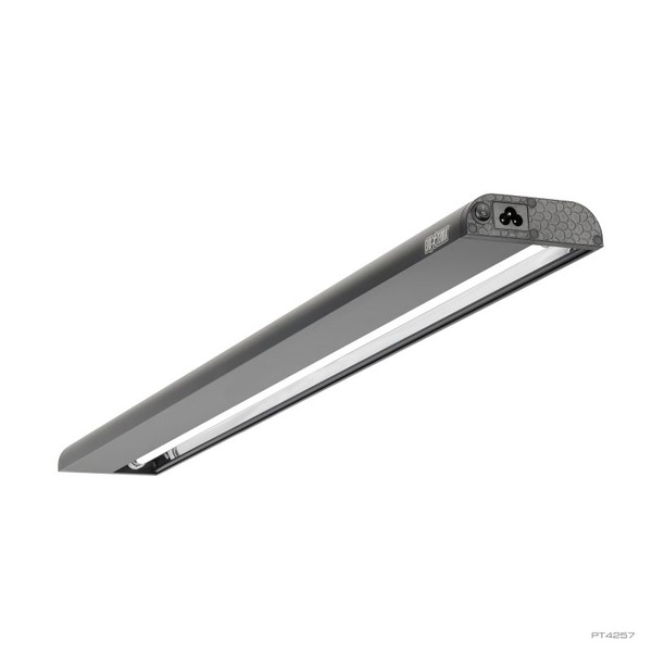Slim gray LED light bar with a black textured end cap and a white light strip.