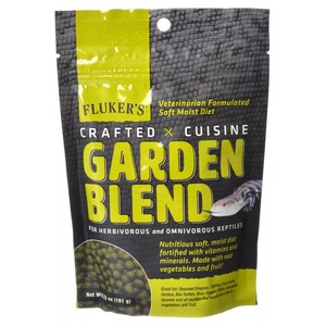 Bag of Fluker's Garden Blend reptile diet with a yellow label, bold text, and a small reptile image.