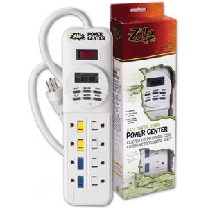 White Zilla Power Center digital timer power strip with multiple outlets beside packaging.