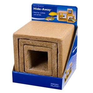 Beige cork aquarium hideaway cave set with hollow square tunnels, packaged in blue "Hide-Away" box.