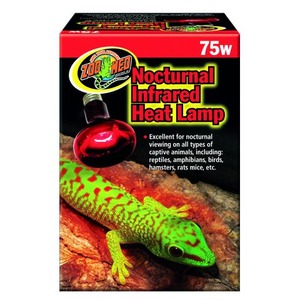 Zoo Med Nocturnal Infrared Heat Lamp box featuring a green gecko on rock, 75W.