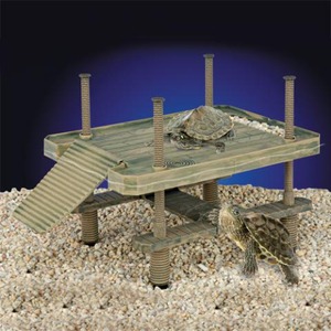 Two turtles on a raised wooden platform with stairs and threaded supports over a sandy surface.