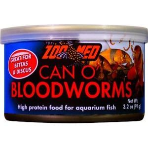 Can of bloodworms for aquarium fish with bold red text and fish artwork.