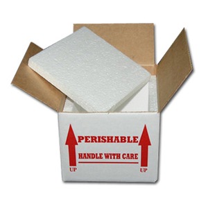 Open white box with foam packaging pieces and red “PERISHABLE” arrows and “HANDLE WITH CARE” text.