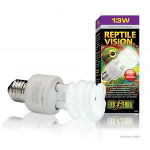 White spiral compact fluorescent bulb beside a Reptile Vision 13W box featuring a reptile eye image.