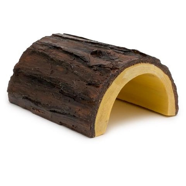 Dark chocolate-coated log-shaped pastry cut open to reveal light yellow sponge interior.
