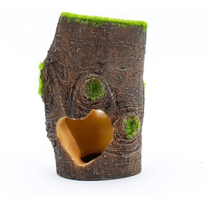 A cylindrical tree trunk with rough bark, bright green moss, and a large curved hollow opening near the base.