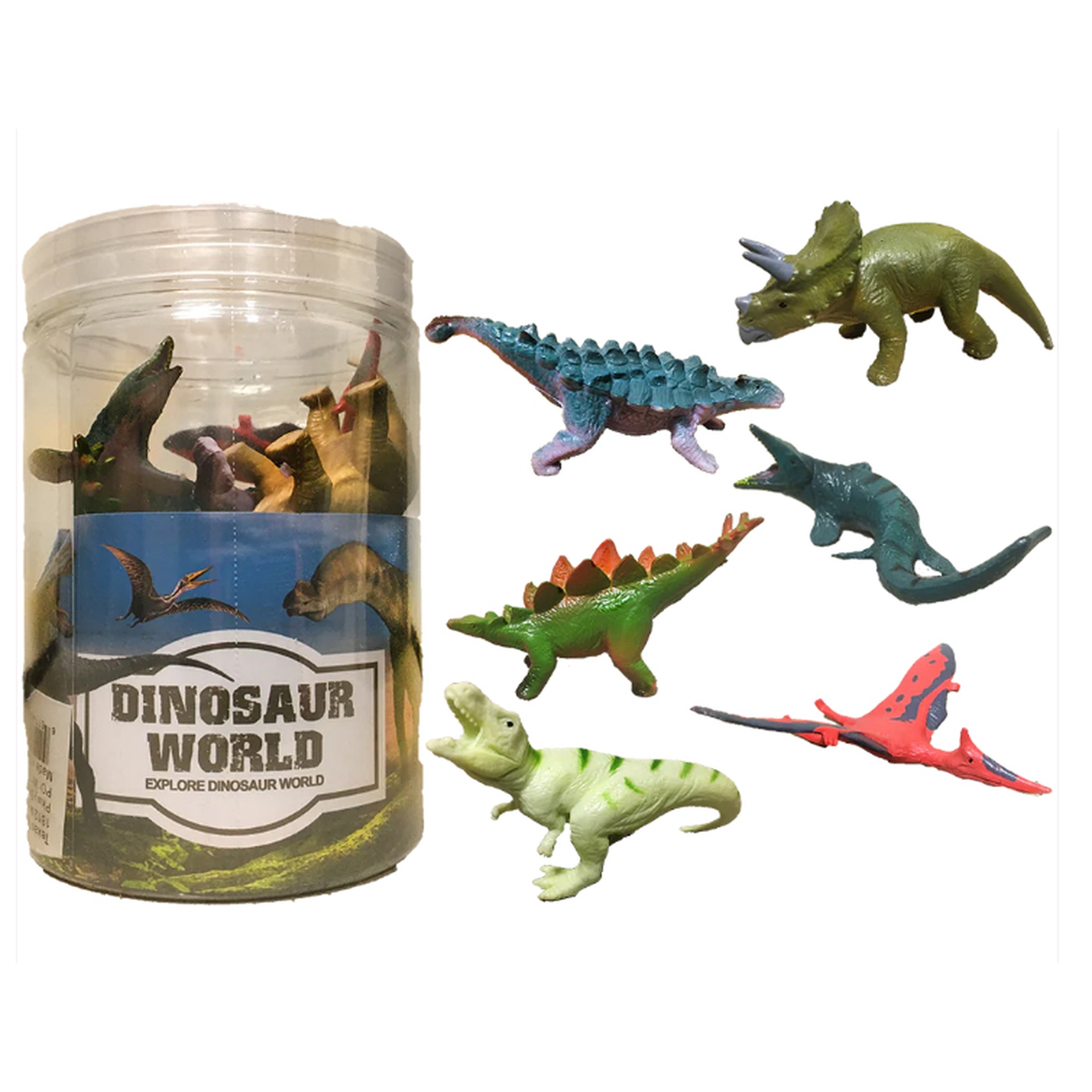 Dinosaur World jar with toy dinosaurs inside; several colorful dinosaur figures outside on a white background.