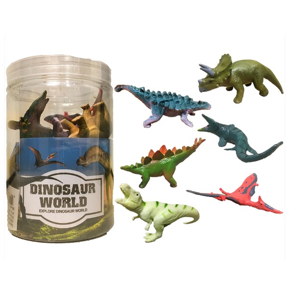 Dinosaur World jar with toy dinosaurs inside; several colorful dinosaur figures outside on a white background.